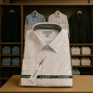 Classic White Dress Shirt with Pointed Collar and Long Sleeves